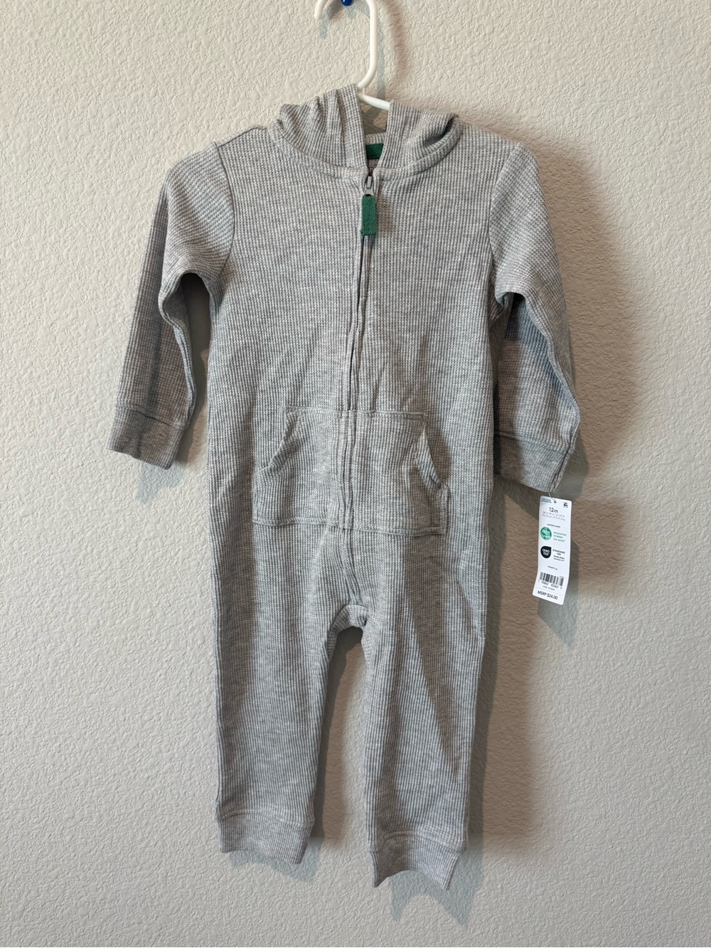 Carter's Light Gray Hooded Zip Ribbed One-Piece Footie